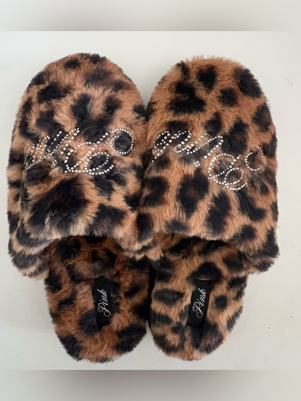 PINK Victoria's Secret Leopard Print Fuzzy Slide Slippers with Rhinestone Logo